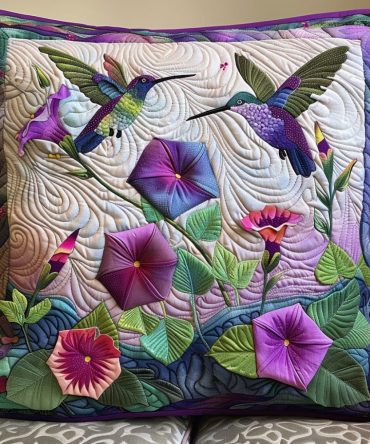 Glorious Hummingbird Quilted Pillow Cover — Vibrant Hummingbird & Floral Throw Case, Nature-Inspired Home Accent, Soft Fabric