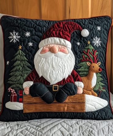 Whimsical Gnome Holiday Quilted Pillow Cover — Festive Christmas Throw Pillowcase, Decorative Quilted Accent, Soft Cotton Blend