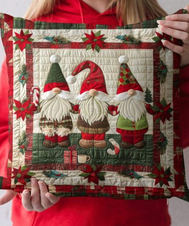 Whimsical Gnome Parade Quilted Pillow Cover — Cute Garden Theme Throw Pillowcase For Porch, Living Room & Nursery , Durable Cotton-Blend