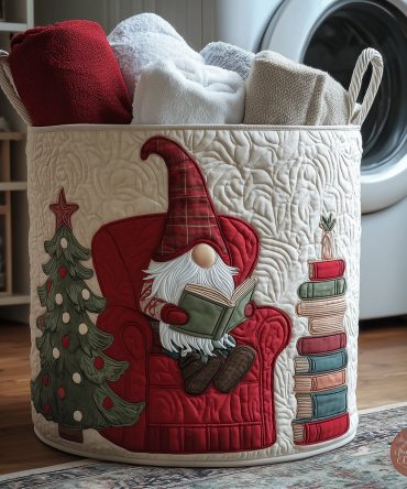 Gnome Cheer Quilted Laundry Basket – Whimsical Gnome Print Fabric Hamper, Collapsible Durable Laundry Storage For Home & Nursery