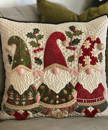 Cheerful Quilted Gnome Pillow Cover - Festive Holiday Throw Case, Cozy Cotton-Blend Accent, Machine Washable And Durable
