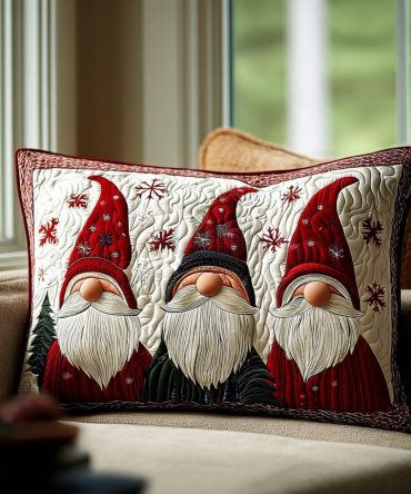 Gnome Joy Quilted Decorative Pillow Cover — Charming Christmas Gnome Throw Pillowcase For Festive Living Room & Entryway Accents