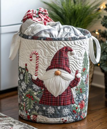 Whimsical Gnome Quilted Laundry Hamper — Festive Collapsible Fabric Basket With Handles, Perfect Holiday Decor & Gift-Ready Storage Solution