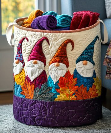 Gnome Joy Quilted Fabric Laundry Hamper — Whimsical Gnome Washable Clothes Basket With Handles, Foldable Nursery & Holiday Storage Organizer