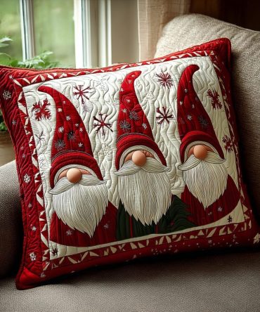 Gnome Joy Quilted Decorative Pillow Cover — Cheerful Stitched Square Throw Pillowcase For Playful Holiday And Year-Round Cottage Decor
