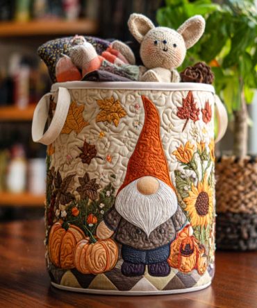 Gnome Leaf Parade Quilted Laundry Hamper – Playful Leaf & Gnome Laundry Basket, Decorative Collapsible Hamper With Handles For Home & Kids