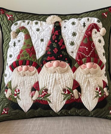 Gnome Noel Quilted Holiday Pillow Cover — Charming Christmas Throw Pillow Case With Festive Gnome Design, Soft Quilted Fabric, Easy-Care