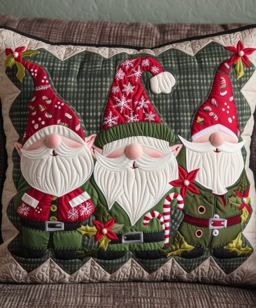 Gnome Parade Quilted Decorative Pillow Cover — Playful Holiday Parade Of Gnomes Cushion For Festive Sofa, Entryway & Bedroom Styling