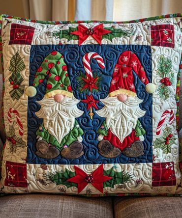 Gnome Sweet Gnome Quilted Pillow Cover — Cozy Holiday Throw Pillow Case For Christmas Decor, Soft Washable Accent For Home & Gifts