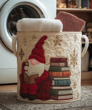 Gnome Tales Quilted Laundry Hamper - Whimsical Garden Gnome Print Fabric Basket With Handles, Playroom & Kids Closet Organizer