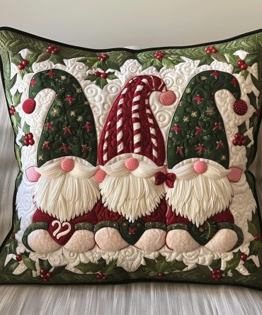 Yuletide Gnome Quilted Pillow Cover - Decorative Christmas Throw Case, Soft Cotton-Blend, Textured Holiday Accent For Home