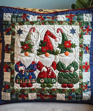 Festive Gnome Holiday Quilted Pillow Cover — Charming Scandinavian Gnome Decorative Cushion For Christmas & Winter Decor
