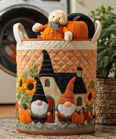 Gnome In Leaves Quilted Laundry Hamper – Cozy Gnome & Leaf Decorative Laundry Basket, Large Collapsible Hamper With Reinforced Handles