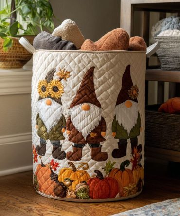Gnome Of The Woods Quilted Laundry Hamper — Woodland Themed Fabric Storage Basket With Handles, Collapsible Durable Organizer For Bedroom & Nursery