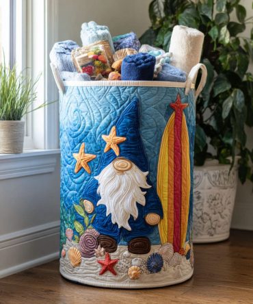 Gnome-Themed Quilted Laundry Hamper — Whimsical Garden Gnome Fabric Storage With Handles, Foldable & Durable For Bedroom, Nursery, Or Gift Giving