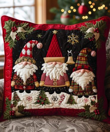 Gnomes Delight Quilted Pillow Cover — Whimsical Garden Gnome Decorative Throw Pillow Case For Porch, Patio & Home, Soft Quilted Fabric, Easy-Care