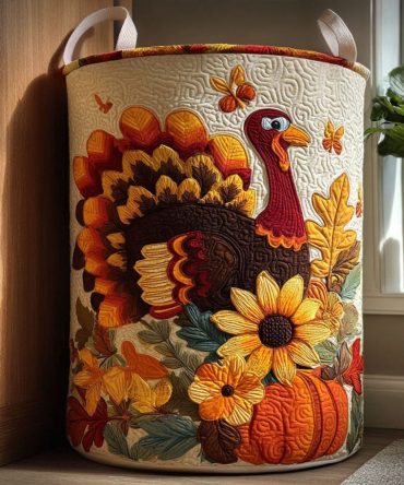 Gobble Gathering Quilted Laundry Hamper — Holiday Turkey Design Fabric Basket, Foldable & Washable With Sturdy Handles For Family Laundry Days