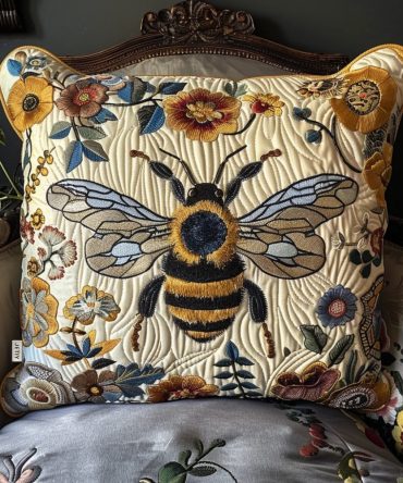 Golden Bee Quilted Pillow Cover — Luxurious Embroidered Gold Bee Accent, Premium Cotton Throw Pillowcase For Elegant Home Décor