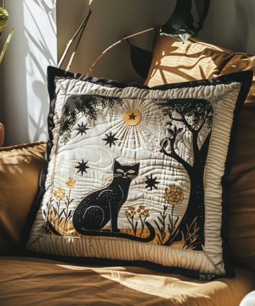 Golden-Eyed Cat Majesty Quilted Pillow Cover — Opulent Decorative Throw Pillowcase With Embroidered Feline Detail