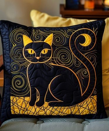 Golden Cat Dreams Quilted Throw Pillow Cover — Elegant Feline Art, Luxe Gold Accents, Soft Quilted Décor For Living Room Or Bedroom