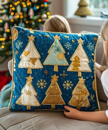 Golden Christmas Quilted Luxury Pillow Cover — 18X18In Metallic Holiday Throw Pillowcase, Gold Accents, Quilted Cotton Blend, Reversible & Washable, Elegant Gift
