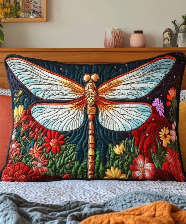 Golden Dragonfly Quilted Pillowcase – Elegant Metallic-Accent Botanical Throw Cover, Soft Cotton Blend, Machine Washable, Hidden Zipper