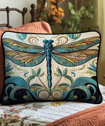 Golden Dragonfly Quilted Pillow Cover - Elegant Metallic Accent Pillowcase, Quilted Dragonfly Motif For Bed, Sofa & Garden Rooms