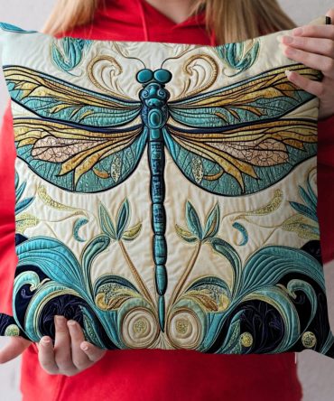 Golden Dragonfly Quilted Pillow Cover — Luxurious Gold Dragonfly Accent Pillowcase, Quilted Decorative Throw For Modern & Classic Interiors