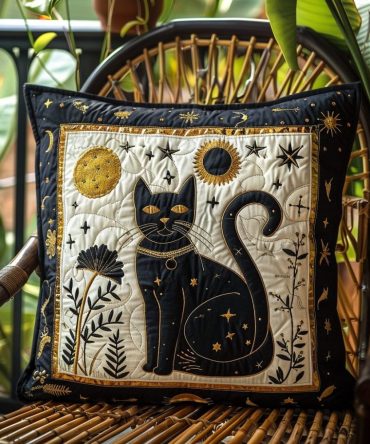 Golden Eyes Cat Quilted Pillow Cover — Striking Feline Portrait Decorative Throw Pillowcase With Luxe Accents