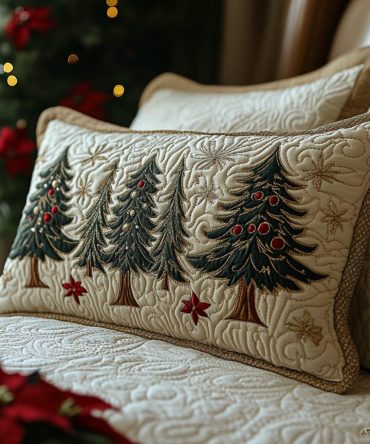 Golden Fir Quilted Pillowcase - Festive Gold & Green Decorative Pillow Cover For Holiday Decor, Cozy Luxe Accent