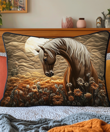 Golden Gallop Quilted Pillow Cover - Majestic Horse Motif Throw Pillowcase, Luxe Quilted Accent For Equestrian, Farmhouse & Living Rooms