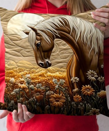 Golden Gallop Quilted Pillow Cover — Equestrian Horse Decorative Throw Pillow Case For Rustic & Luxury Country Home Accents