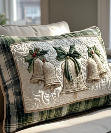 Golden Jingle Quilted Pillow Cover - Luxe Metallic Accented Christmas Throw Pillow Sham For Elegant Holiday Decor & Mantel
