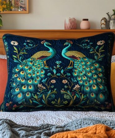 Golden Peacocks Quilted Pillowcase — Luxury Peacock Feather Embroidered Decorative Cushion Cover, Elegant Gold Accent For Bed & Sofa