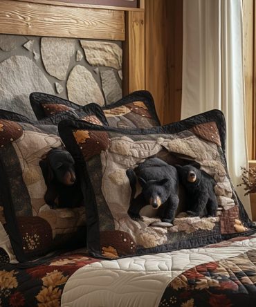 Golden Pines Black Bear Quilted Pillow Cover - Rustic Woodland Throw Pillow Sham With Bear Motif For Cabin & Lodge Decor