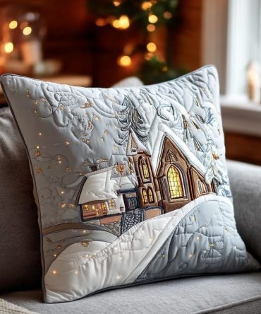 Golden Village Quilted Pillow Cover — Warm Holiday Village Scene Throw Case, Luxurious Quilted Christmas Accent For Sofa & Mantel, Easy Care