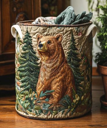 Golden Bear Days Quilted Laundry Hamper — Warm-Toned Fabric Basket, Large Collapsible Washable Hamper With Handles For Home & Nursery