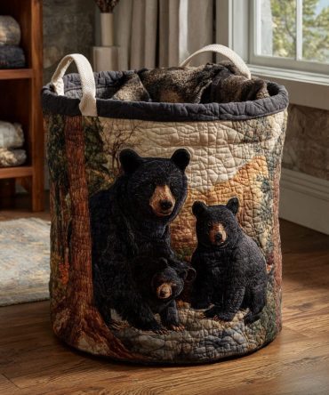Golden Bear Quilted Laundry Hamper — Warm Bear Print Storage Basket For Cozy Bedrooms, Cabins & Kids’ Rooms