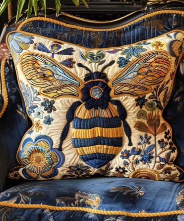 Golden Bee Luxury Quilted Throw Pillow Cover — Metallic Bee Motif, Premium Soft-Weave Fabric, 18X18In Chic Decorative Accent