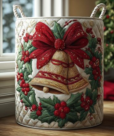 Elegant Quilted Storage Hamper - Golden Bell Patterned Fabric Organizer, Foldable Laundry & Decorative Home Bin, Durable Construction