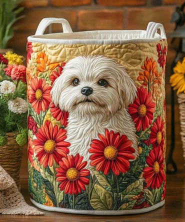 Golden Bloom Pup Quilted Laundry Hamper — Charming Pet & Floral Quilted Basket With Handles, Collapsible & Washable, Adorable Storage For Any Room