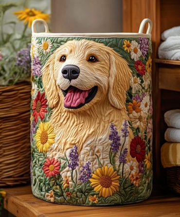 Golden Bloom Quilted Laundry Hamper — Elegant Floral Fabric Basket With Handles, Foldable Organizer For Bedroom & Bathroom