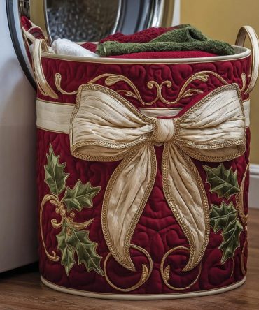 Golden Bow Quilted Laundry Hamper — Elegant Gift-Wrap Inspired Collapsible Laundry Basket For Stylish Storage & Easy Transport