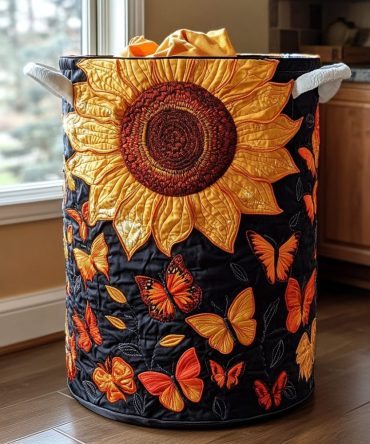 Golden Butterfly Quilted Fabric Hamper - Elegant Collapsible Laundry Basket With Metallic Accent, Stylish Storage For Bedroom & Closet Organization