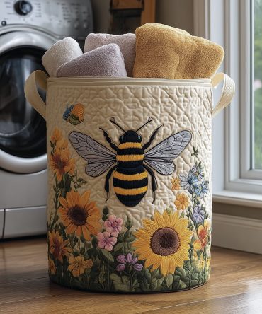 Vibrant Quilted Laundry Hamper - Golden Buzz Bee Motif , Foldable Fabric Laundry Basket With Comfortable Handles For Stylish Storage