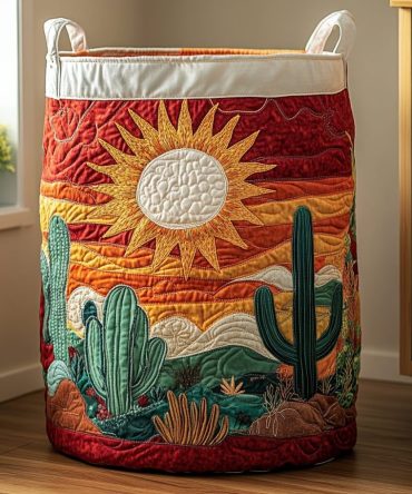 Golden Cactus Quilted Foldable Laundry Hamper — Botanical Decorative Laundry Basket, Durable Fabric & Portable Handles