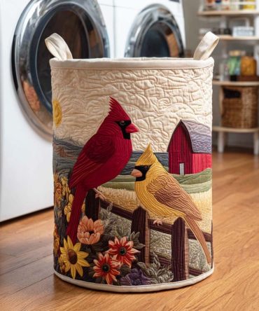 Golden Cardinal Quilted Laundry Hamper - Elegant Bird Motif Foldable Laundry Basket With Soft Quilting & Handles