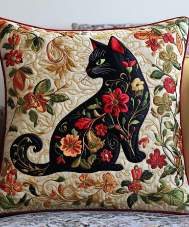 Golden Cat Flourish Quilted Throw Pillow Cover — Luxurious Gold-Tone Feline Cushion For Glamorous Home Accents & Gifts