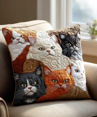 Golden Cat Quilted Pillow Cover — Elegant Feline Accent Throw Pillowcase, Luxe Metallic-Inspired Print For Modern & Eclectic Spaces