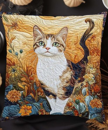 Golden Cat Quilted Decorative Pillow Cover — Luxe Metallic Cat Motif Throw Pillowcase For Glam, Modern & Eclectic Interiors